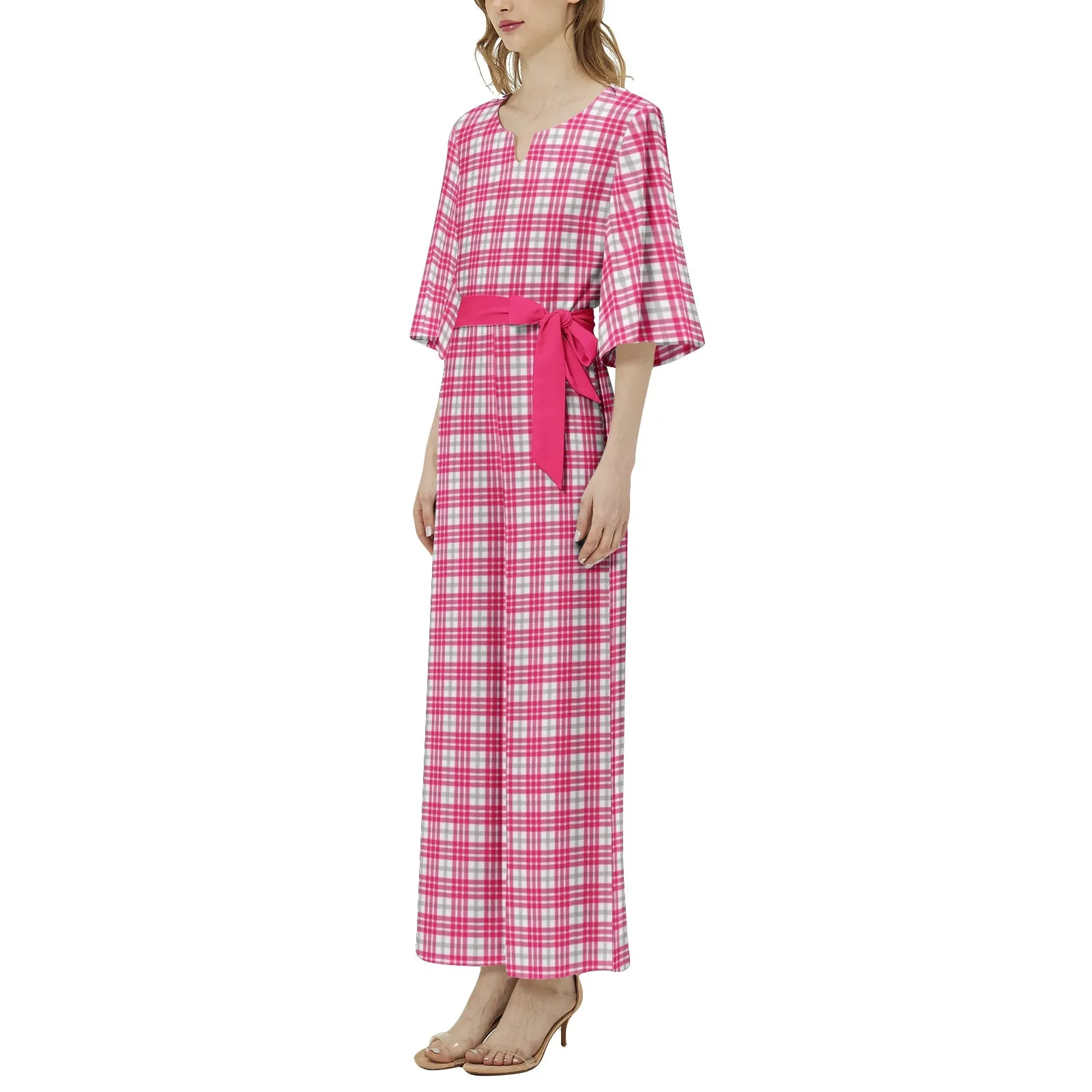 M Kemp Pink Plaid Dolman Sleeve Belted Wide Leg Jumpsuit