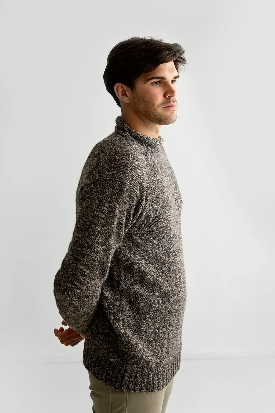 Mens Chunky Roll Neck Jumper - Natural brown