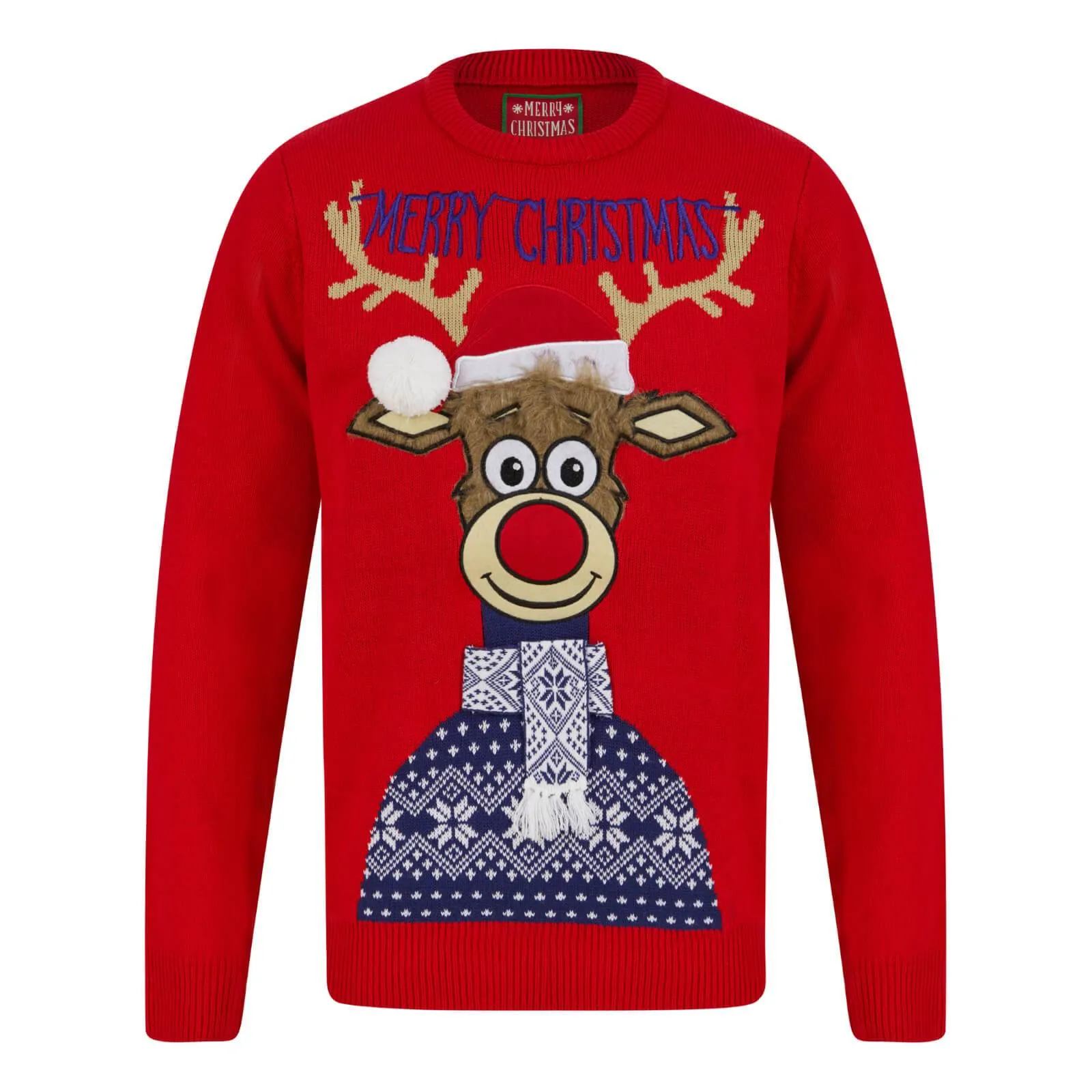 Mens Classic Rudolph Faux Fur Christmas Jumper 3D Pom Pom