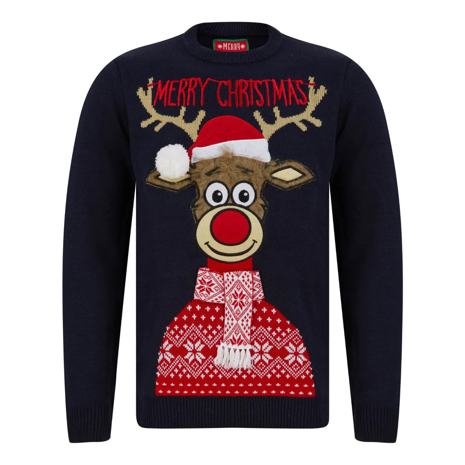 Mens Classic Rudolph Faux Fur Christmas Jumper 3D Pom Pom