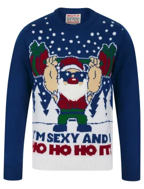 Men's Ho Ho Ho It Motif Novelty Knitted Christmas Jumper in Sapphire Blue - Merry Christmas