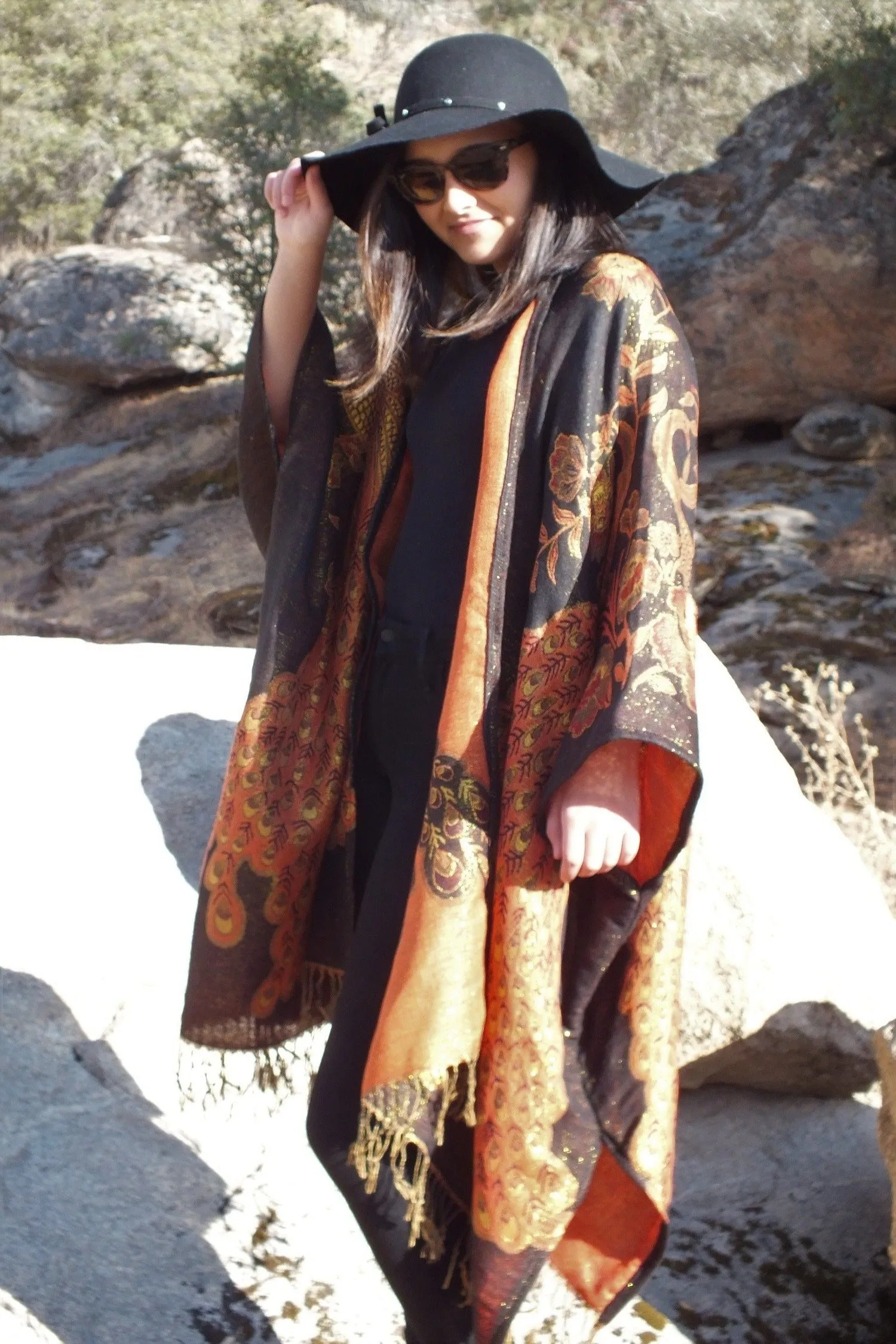 Metallic Black Orange Peacock print Ruana Oversized Jacket Poncho One size