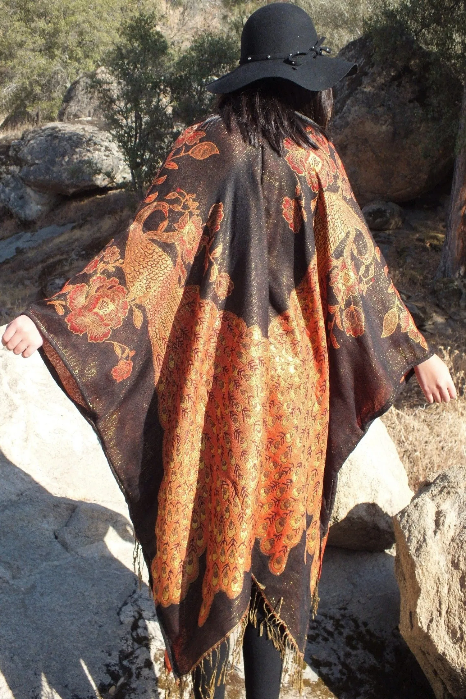 Metallic Black Orange Peacock print Ruana Oversized Jacket Poncho One size