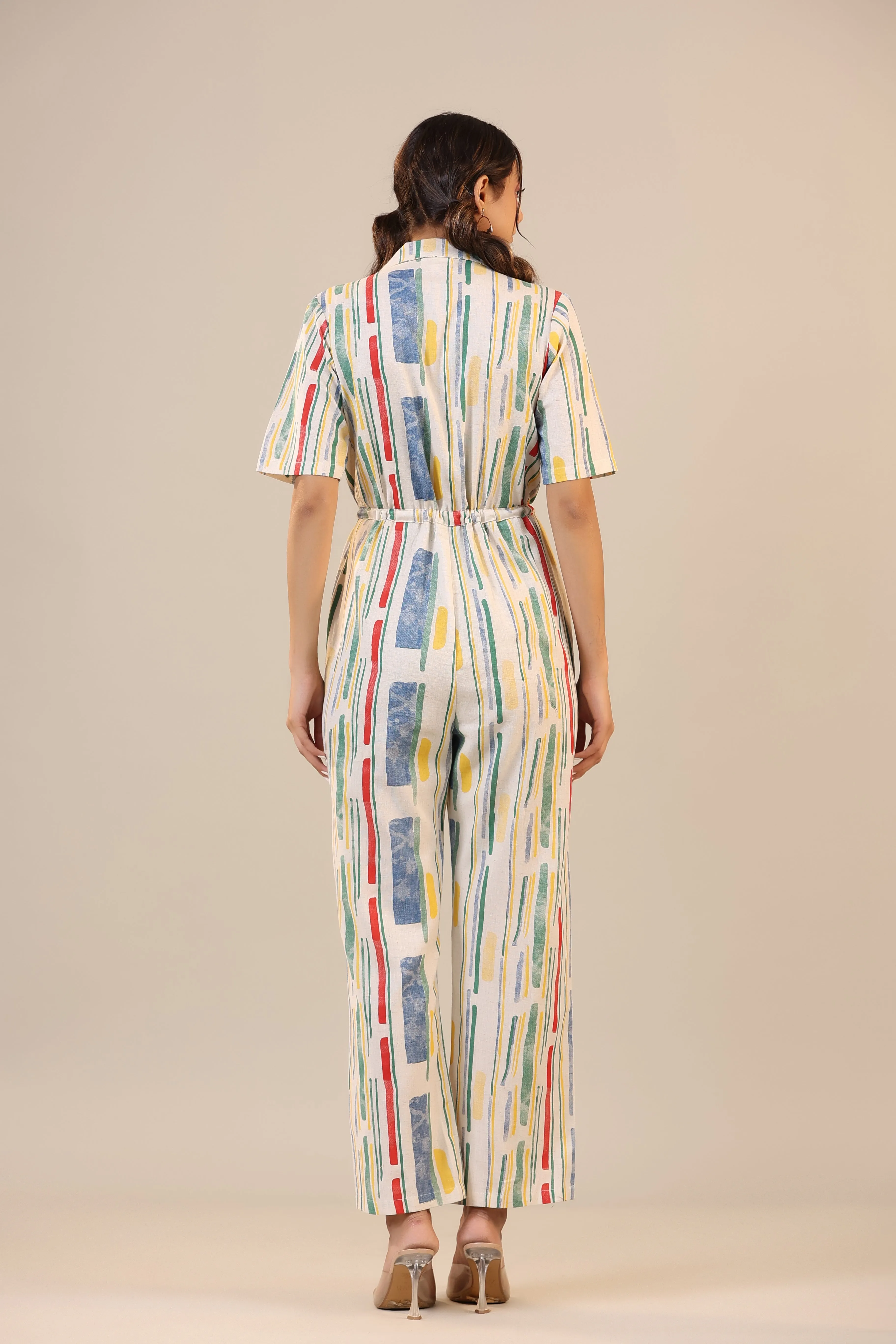 Parallel Abstract Striped on Off white Cotton Flex Jumpsuit