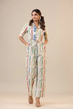 Parallel Abstract Striped on Off white Cotton Flex Jumpsuit