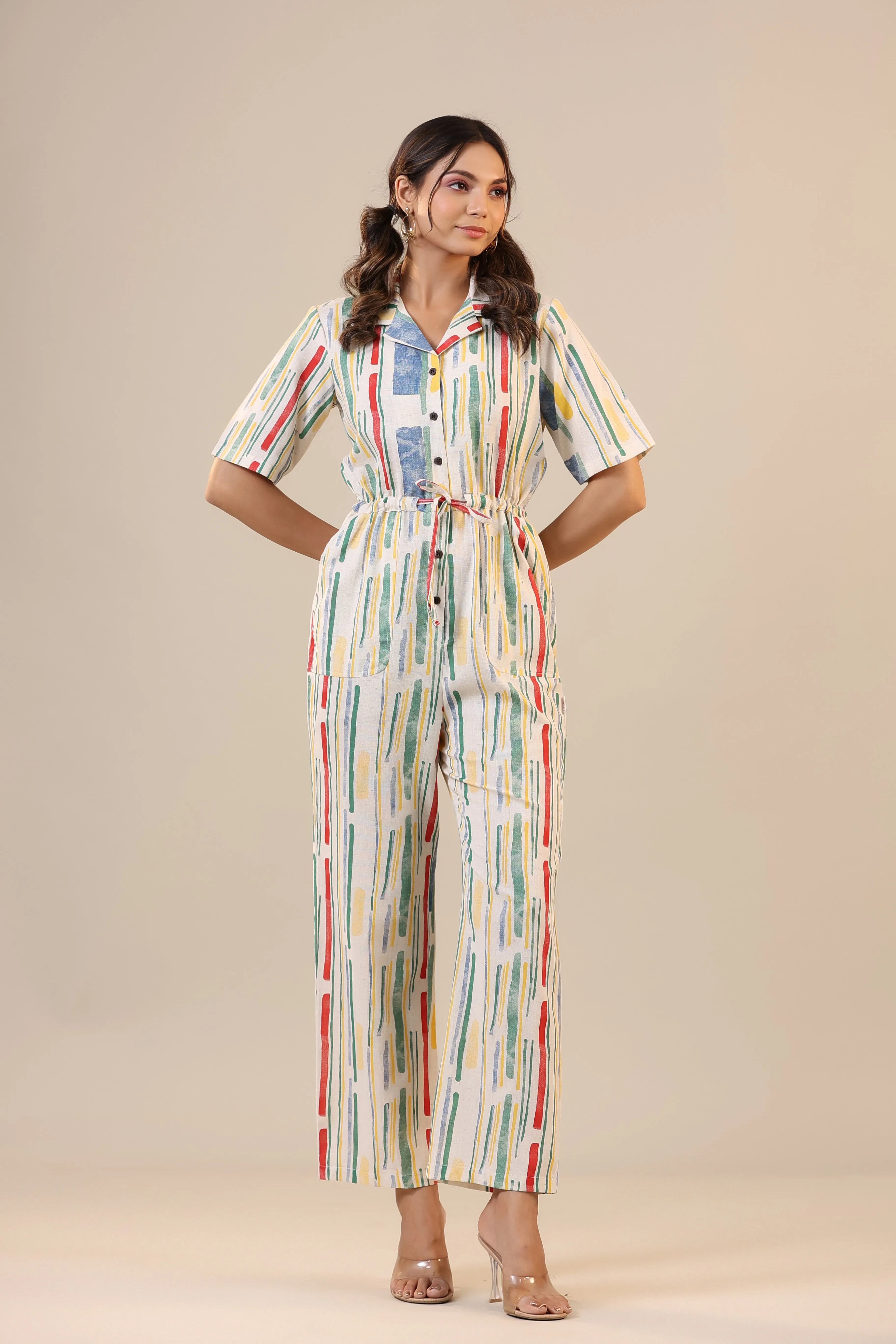 Parallel Abstract Striped on Off white Cotton Flex Jumpsuit