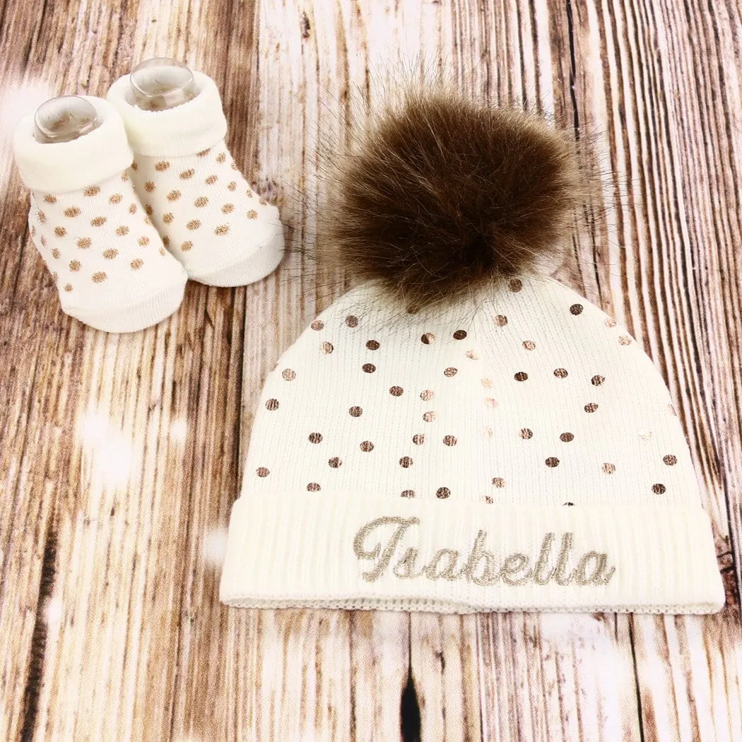 Personalized Baby Girl's Knit Hat & Booties Set