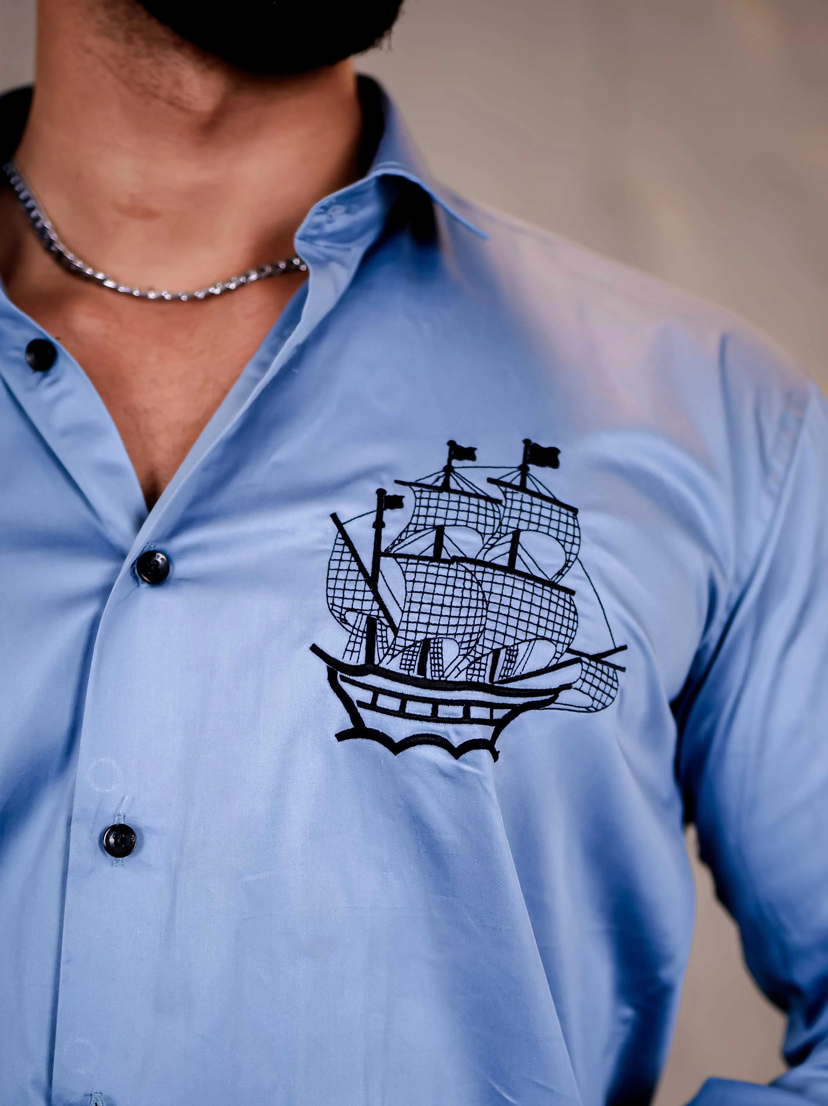 Pirates Piracy Sky Embroidered Club Wear Satin Cotton Shirt