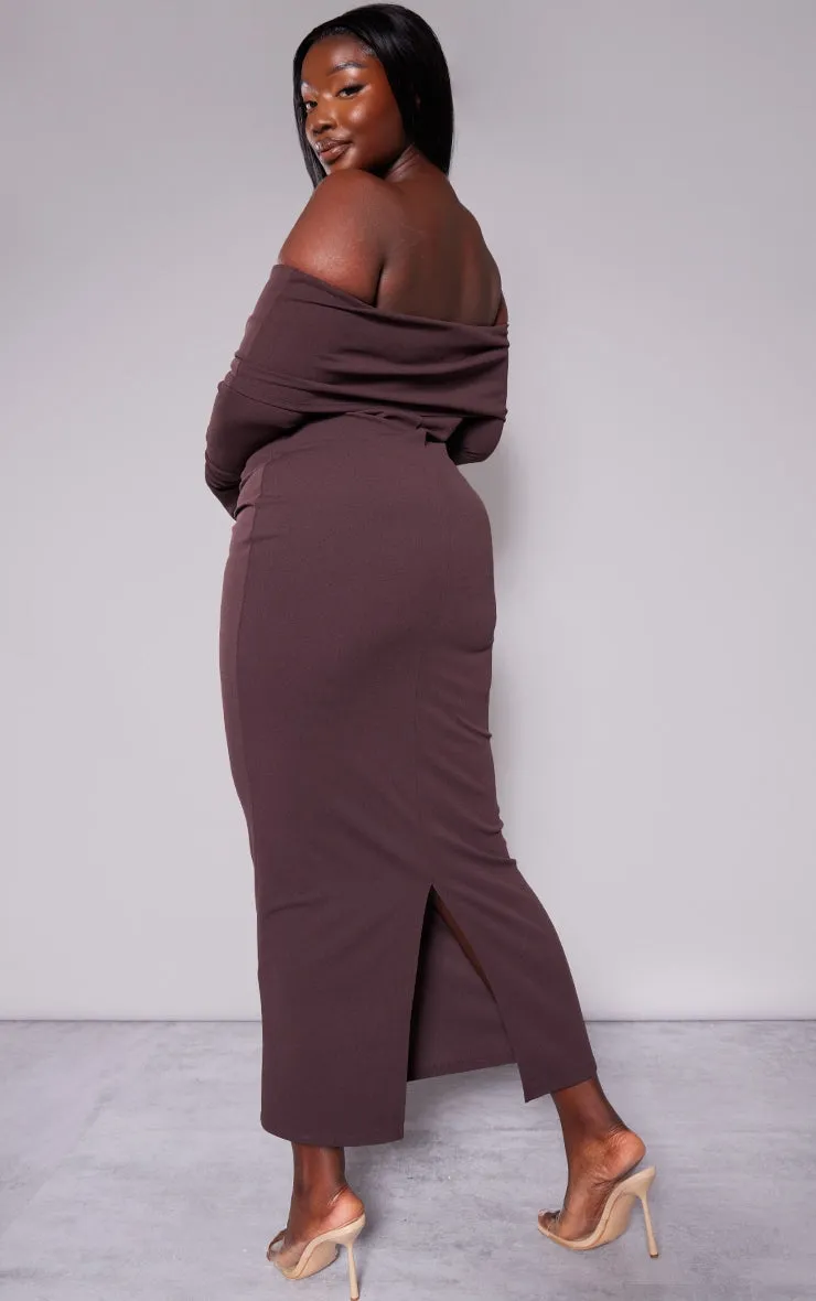 Plus Size Khaki Crepe Long Sleeve Bardot Maxi Dress