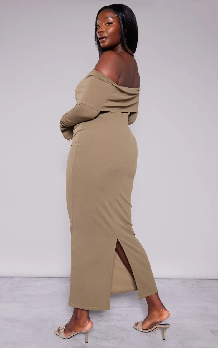 Plus Size Khaki Crepe Long Sleeve Bardot Maxi Dress