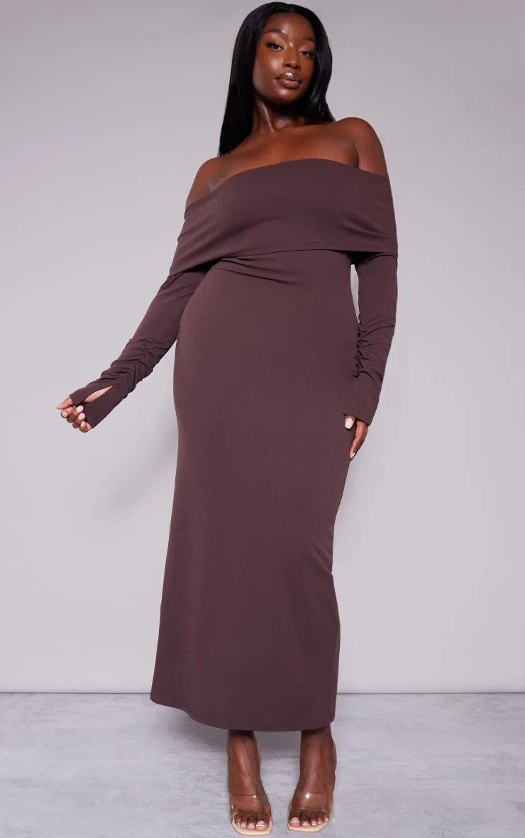 Plus Size Khaki Crepe Long Sleeve Bardot Maxi Dress