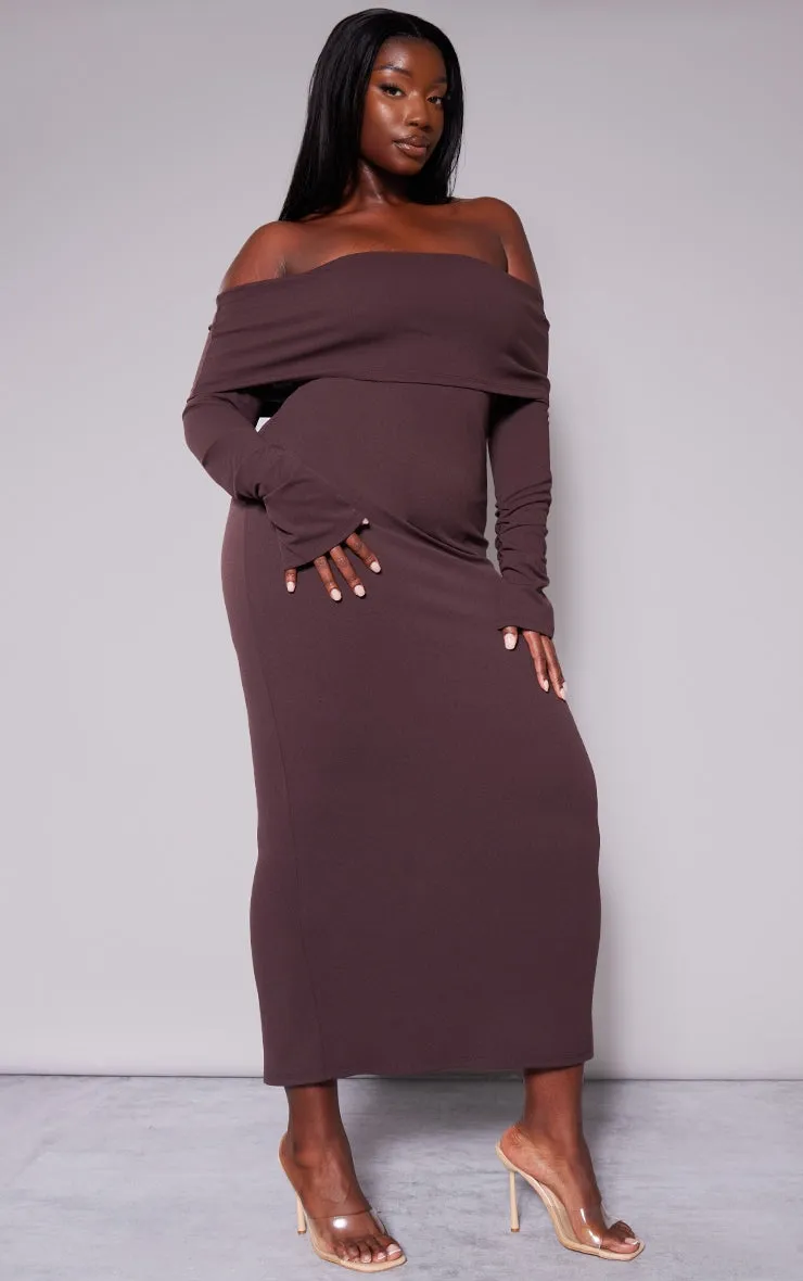 Plus Size Khaki Crepe Long Sleeve Bardot Maxi Dress