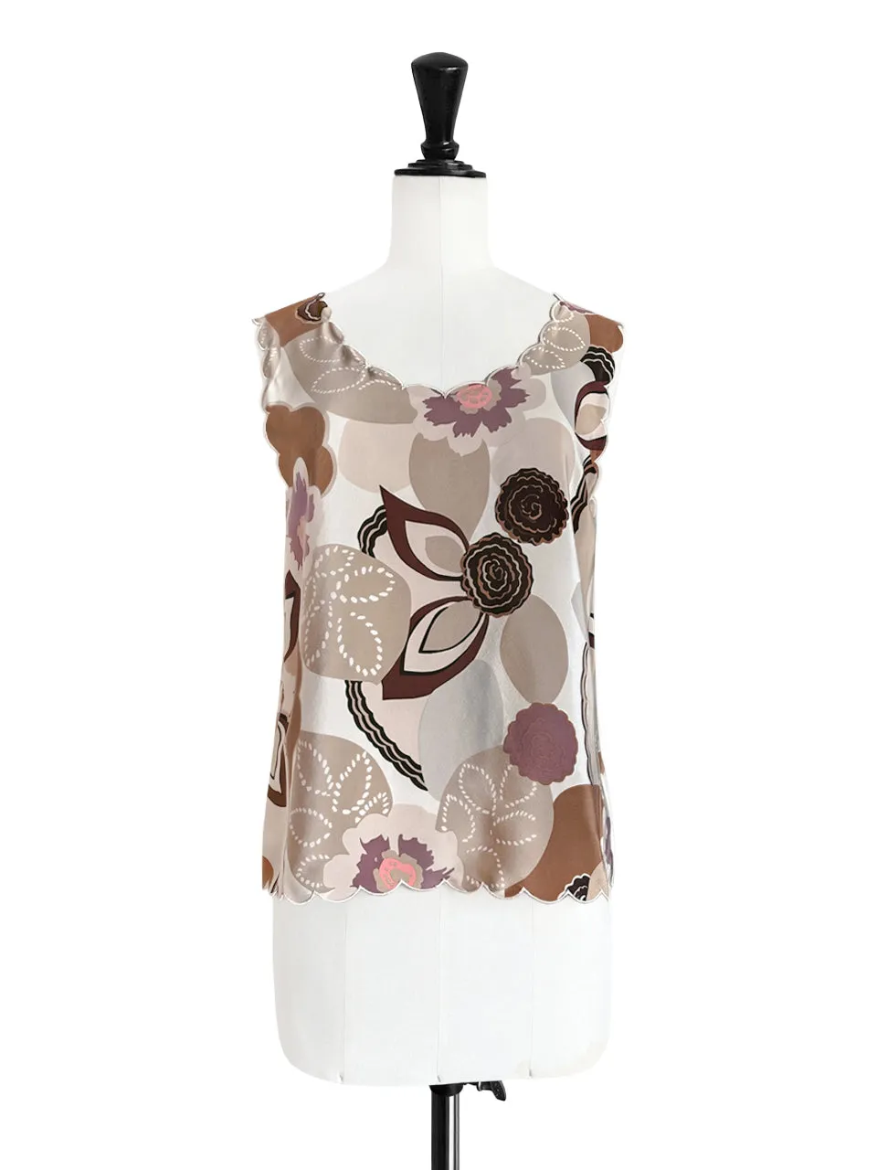 Rustic Floral Round Neck Scallop Silk Tank