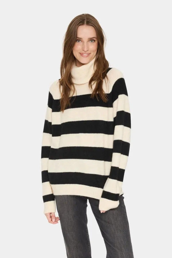 Saint Tropez Roll Stripe Roll Neck Jumper Black Cream