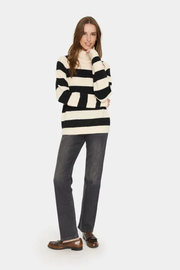 Saint Tropez Roll Stripe Roll Neck Jumper Black Cream