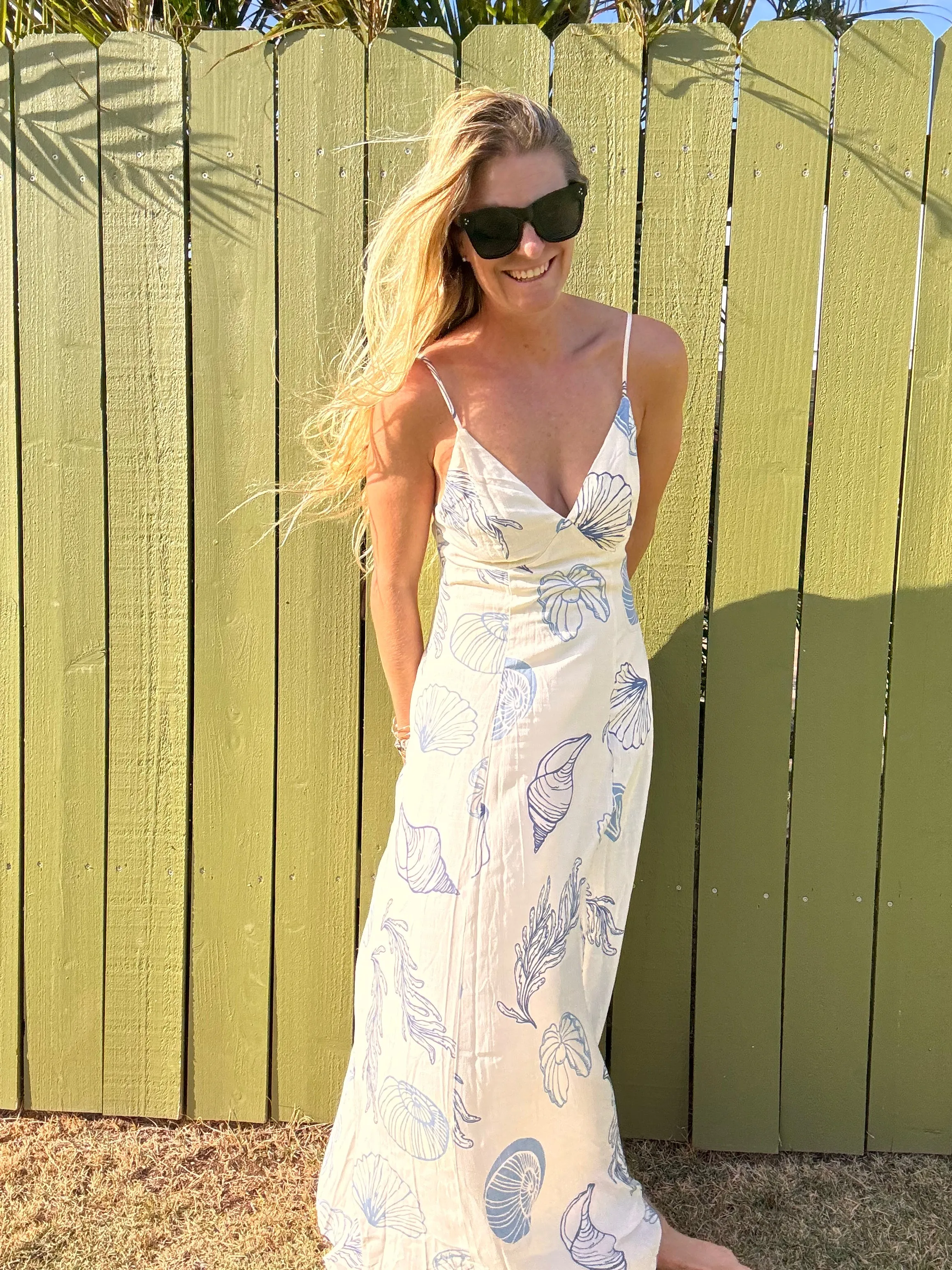 Sea Ya At The Beach Open Back Maxi Dress - Blue/Ivory