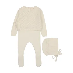 set knit jumper footie with cardigan and bonnet - cream