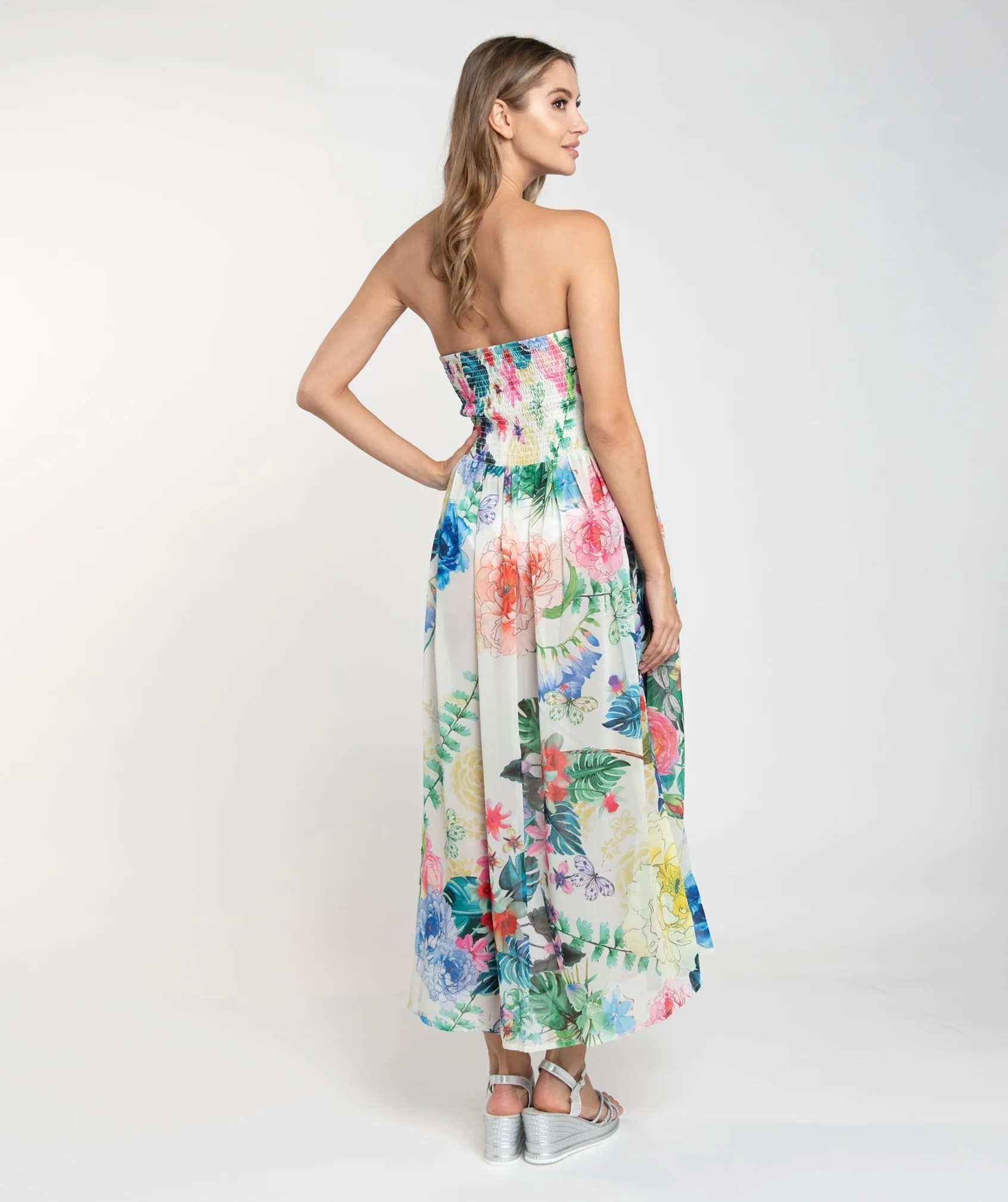 Sky Blue Floral Print Strapless Bandeau Maxi Dress