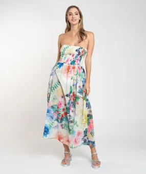 Sky Blue Floral Print Strapless Bandeau Maxi Dress