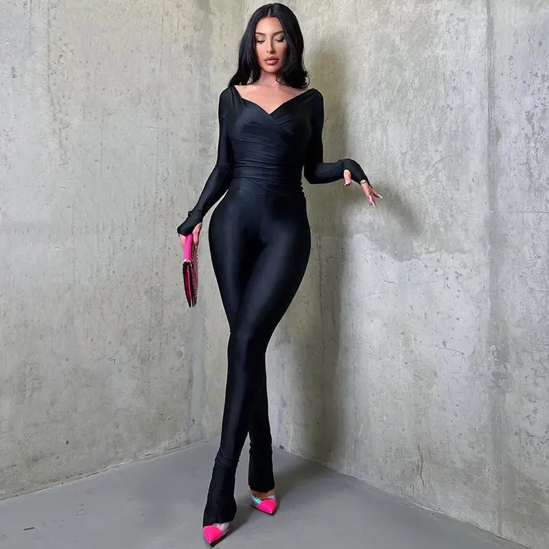 Sophisticated Cross V-neck Long Sleeve Jumpsuit with Ankle-Length Trousers