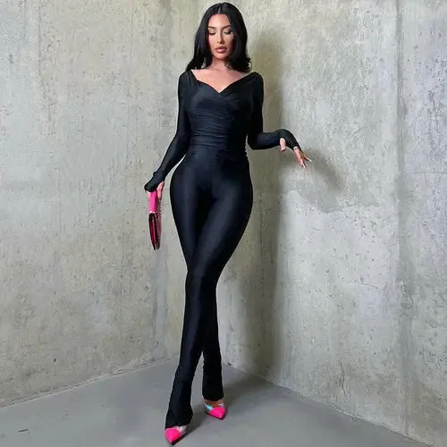 Sophisticated Cross V-neck Long Sleeve Jumpsuit with Ankle-Length Trousers