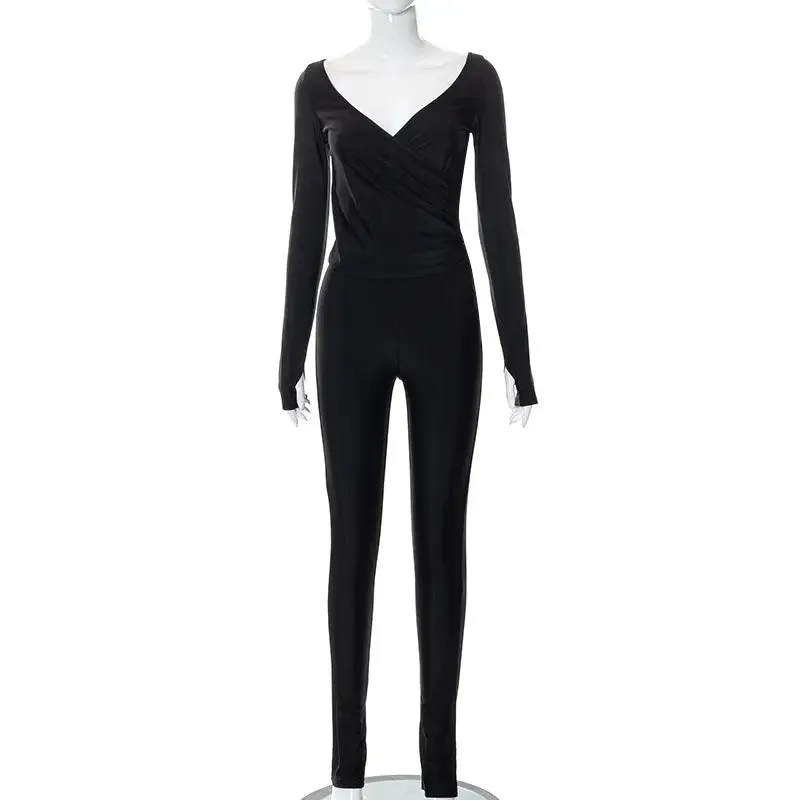 Sophisticated Cross V-neck Long Sleeve Jumpsuit with Ankle-Length Trousers