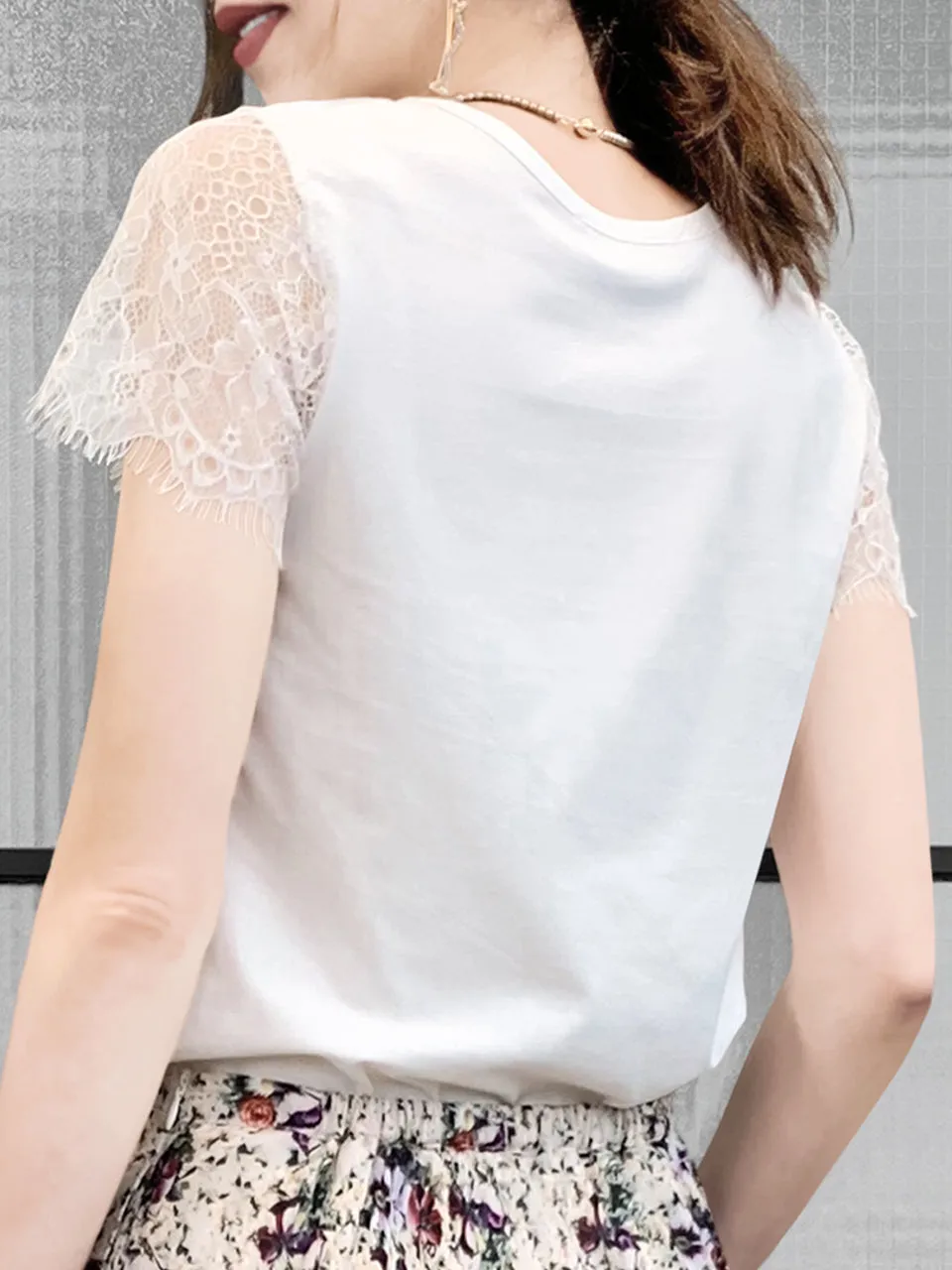 Surprise Sale! White Eyelash Lace Sleeves Mix Media Square Neck Tee