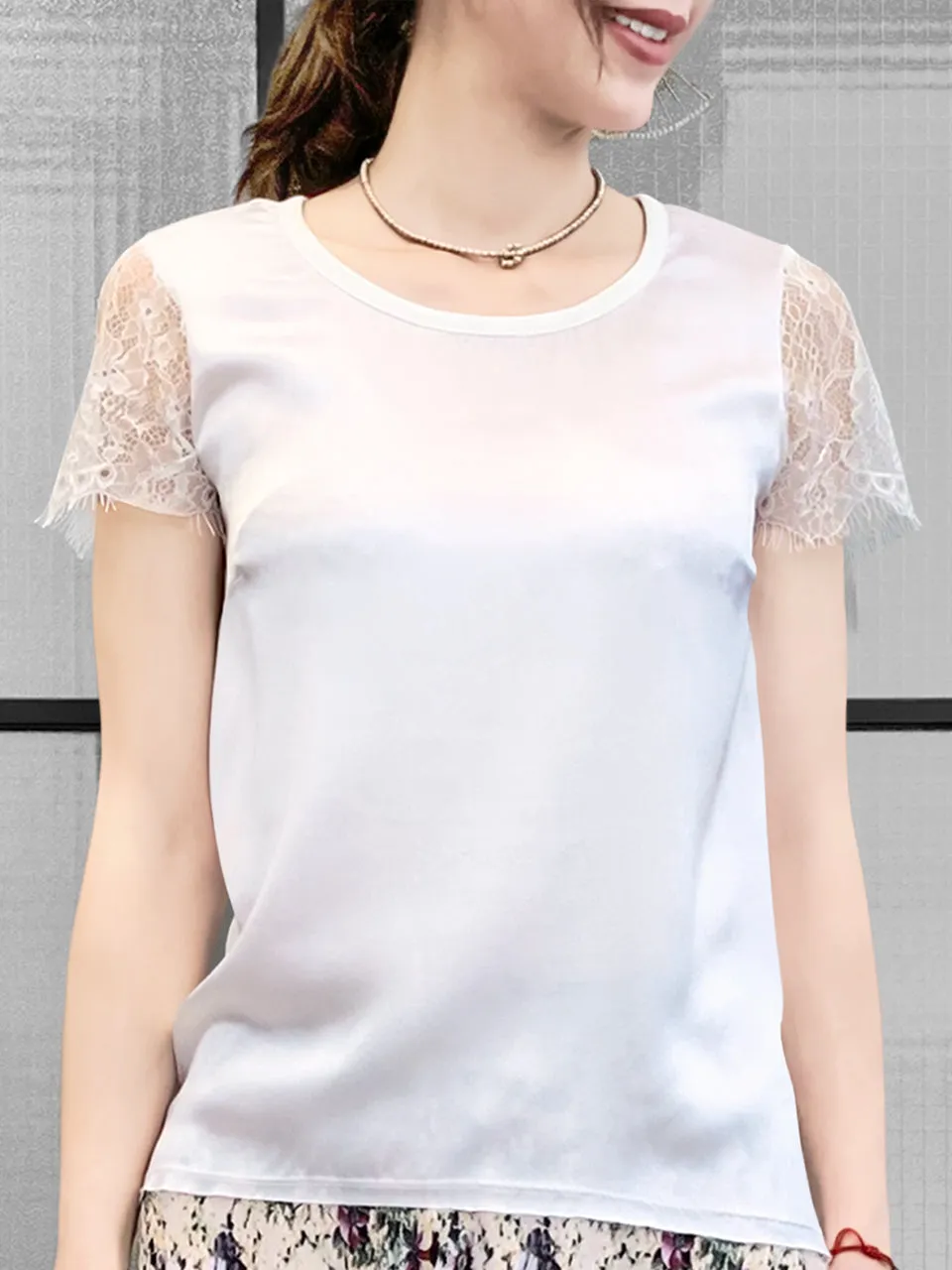 Surprise Sale! White Eyelash Lace Sleeves Mix Media Square Neck Tee