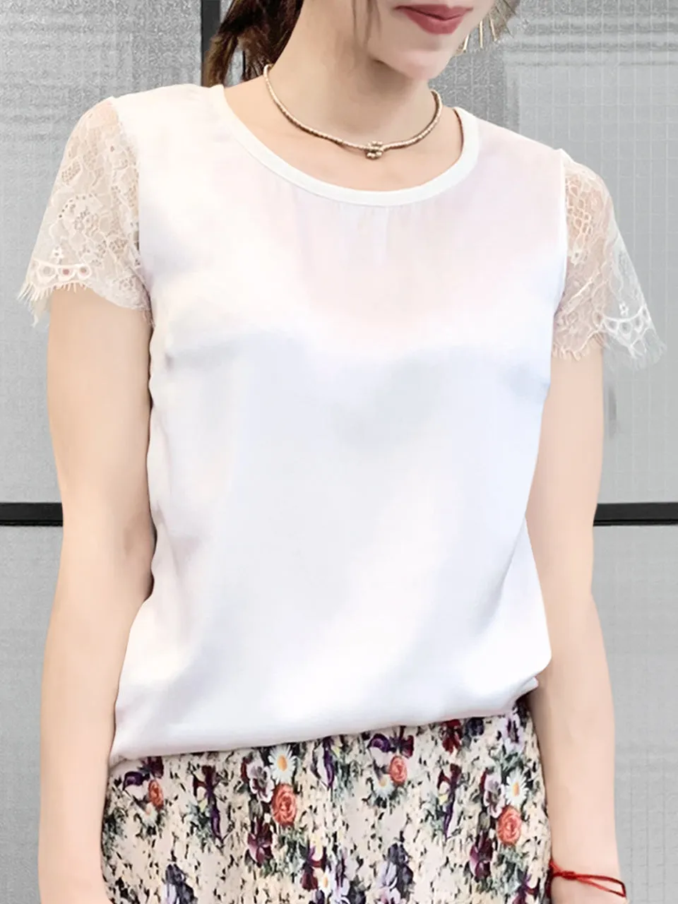 Surprise Sale! White Eyelash Lace Sleeves Mix Media Square Neck Tee