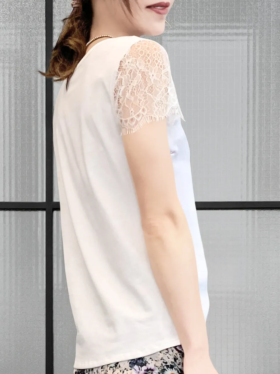 Surprise Sale! White Eyelash Lace Sleeves Mix Media Square Neck Tee