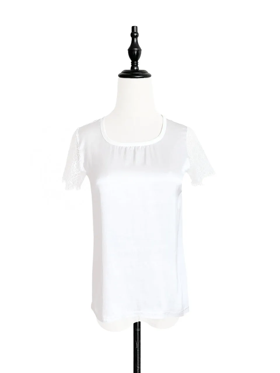 Surprise Sale! White Eyelash Lace Sleeves Mix Media Square Neck Tee