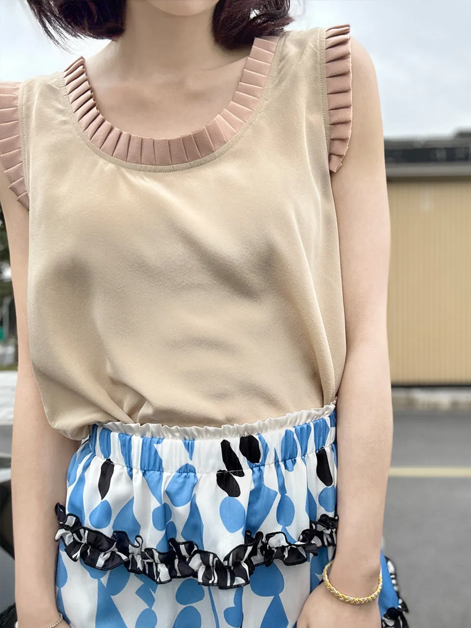 Tonal Beige Pleated Ruffle Detail Silky Tank Top