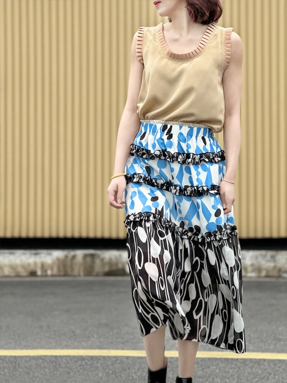 Tonal Beige Pleated Ruffle Detail Silky Tank Top