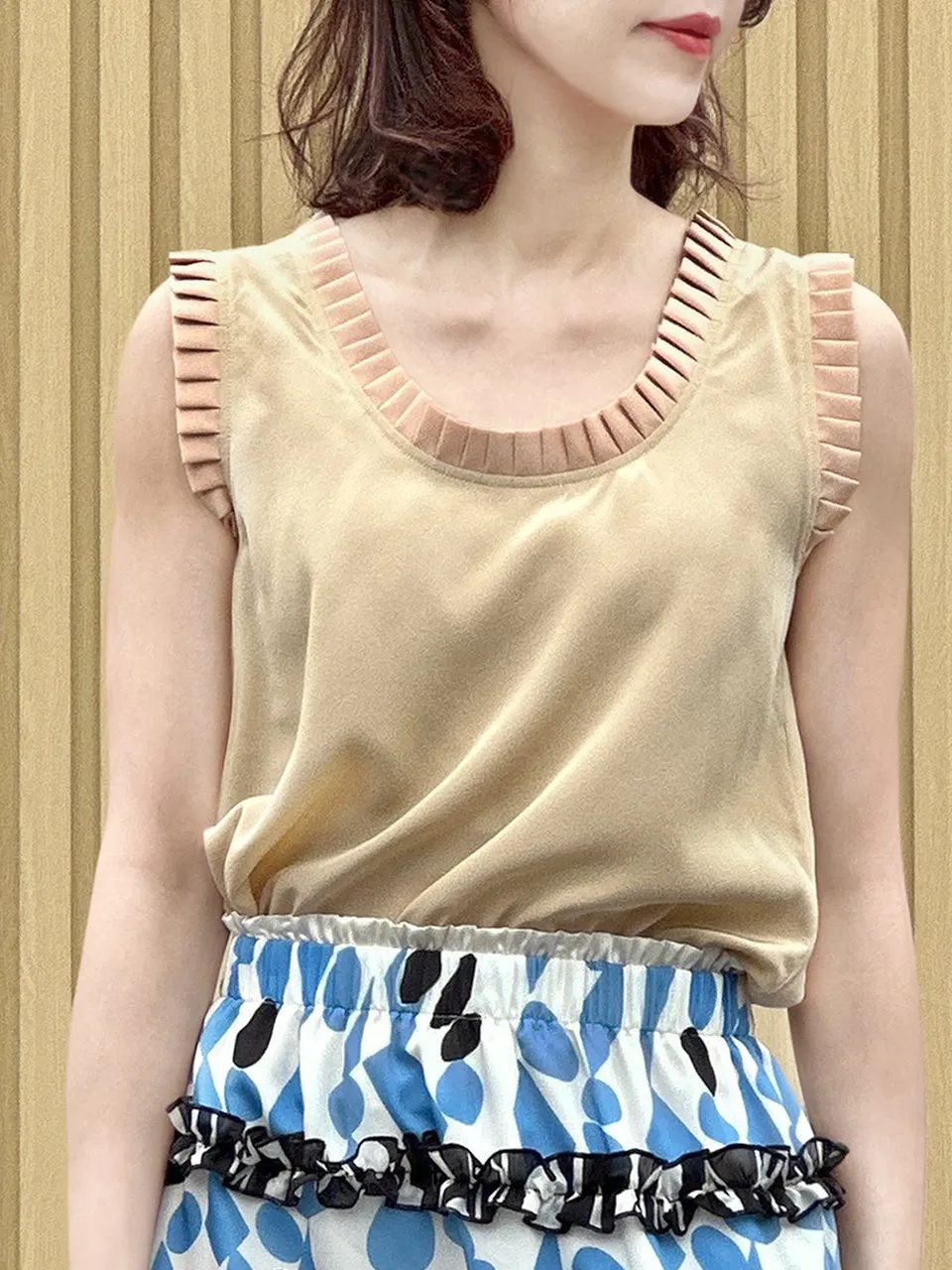 Tonal Beige Pleated Ruffle Detail Silky Tank Top