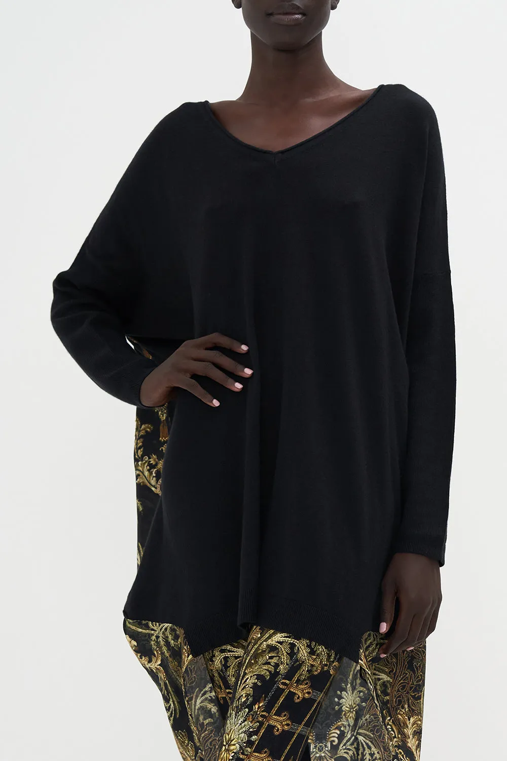 V NECK JUMPER WITH PRINT BACK THE NIGHT IS NOIR