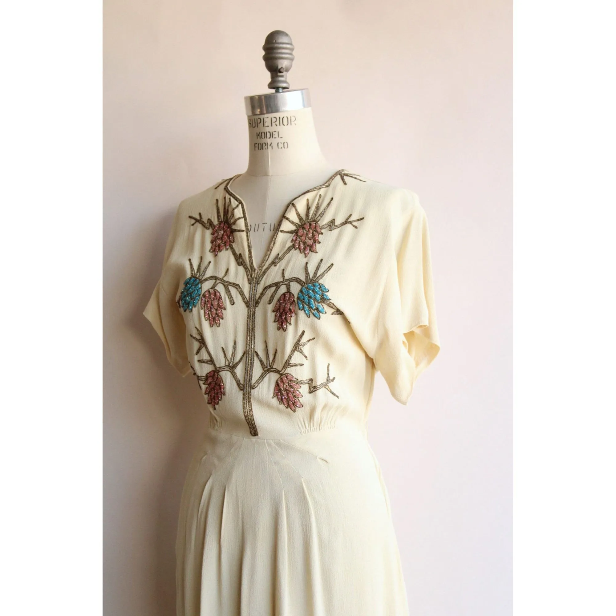 Vintage 1940s Best & Co Rayon Cream Dress with Beaded Bodice