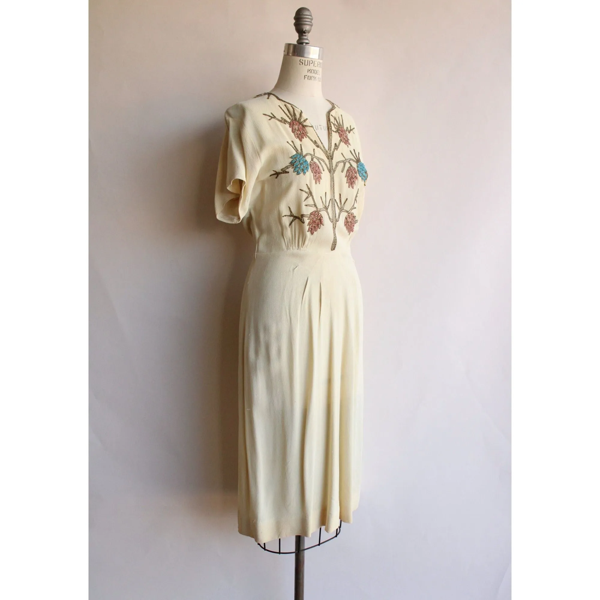 Vintage 1940s Best & Co Rayon Cream Dress with Beaded Bodice