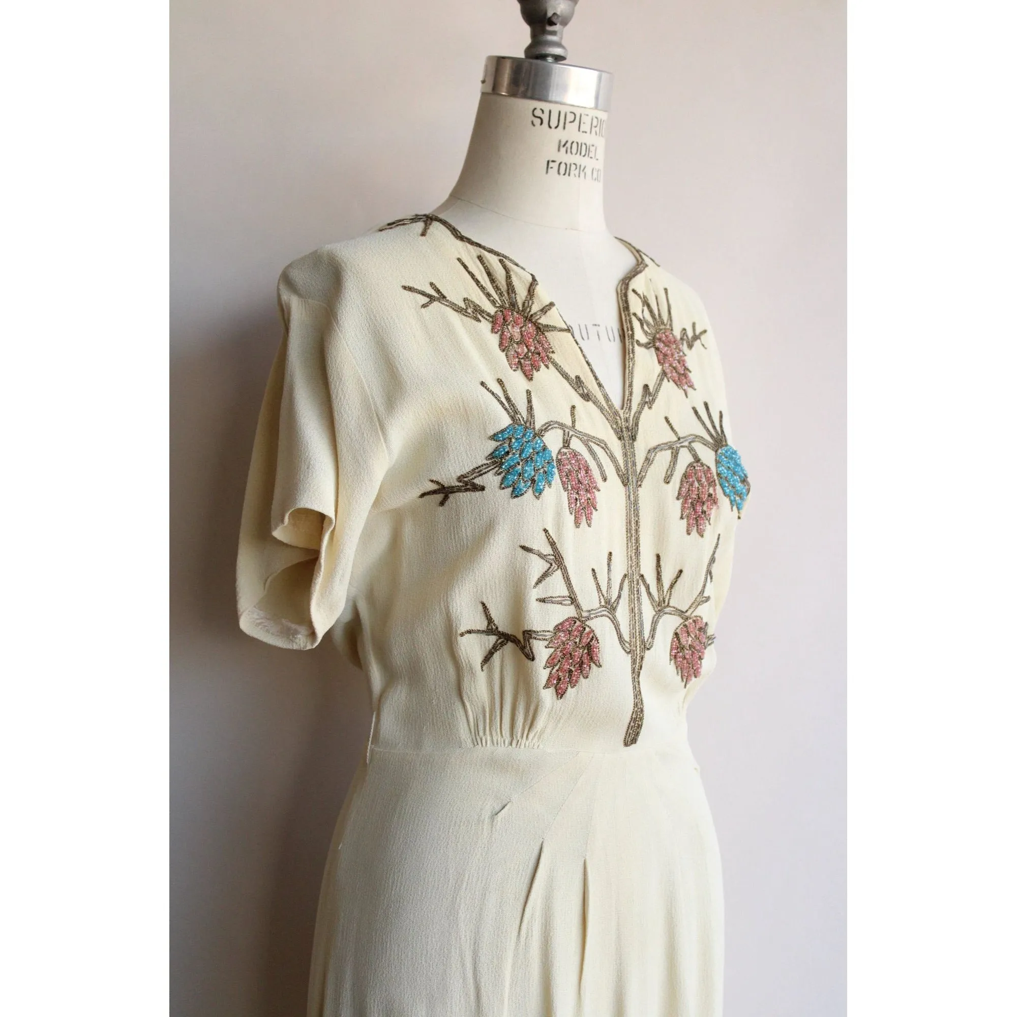 Vintage 1940s Best & Co Rayon Cream Dress with Beaded Bodice