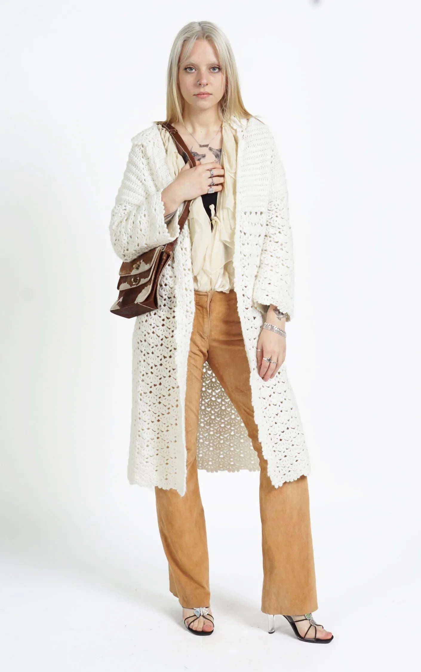 VINTAGE White Crochet Knitted Boho Long Cardigan