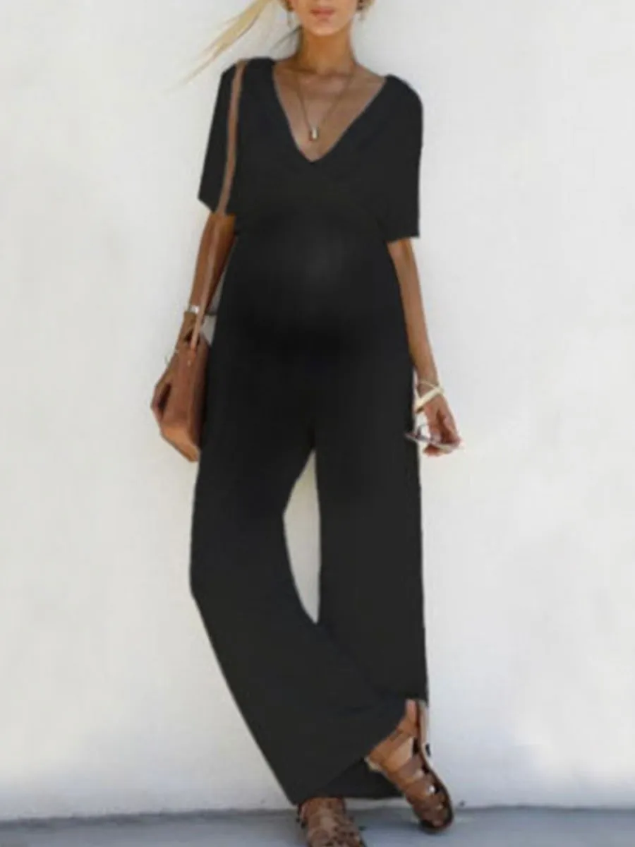 Waisted Wide-Leg Belted Girdle Maternity Jumpsuit