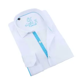 White Jacquard Button Down Shirt With Blue Trim