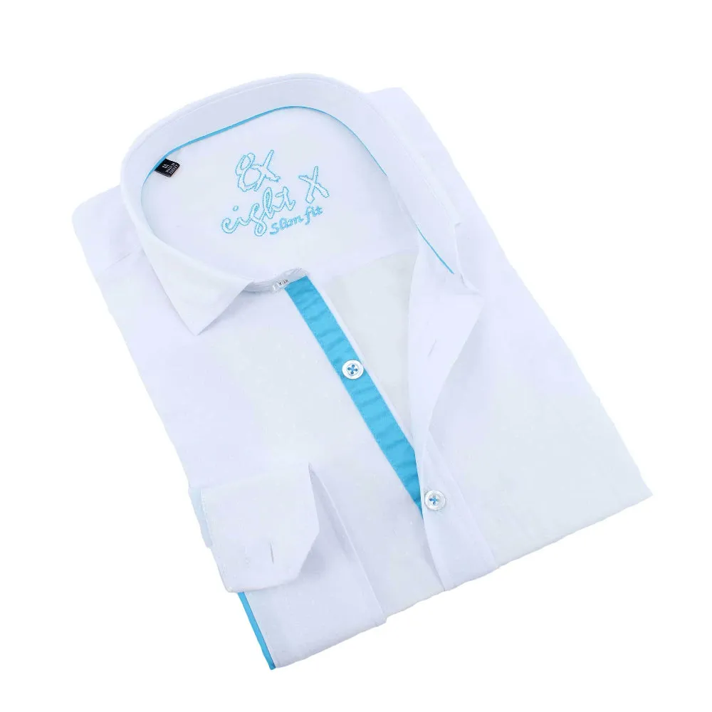 White Jacquard Button Down Shirt With Blue Trim