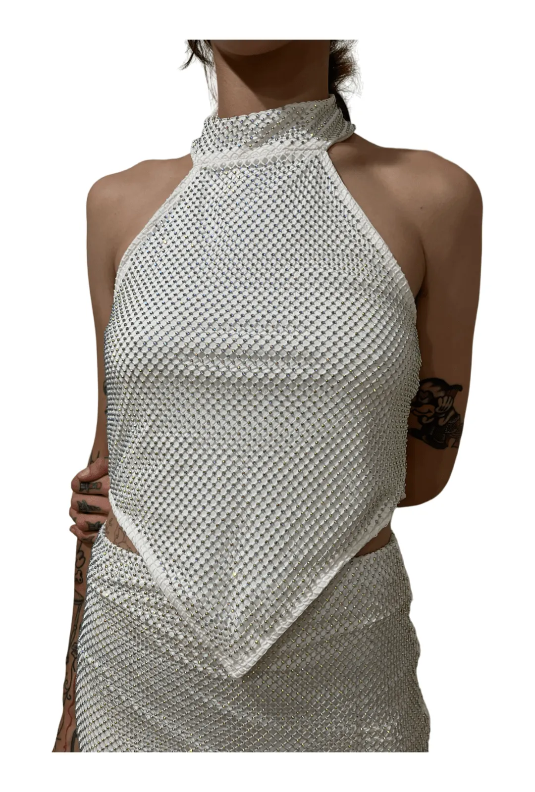 White Rhinestone Mesh Halter