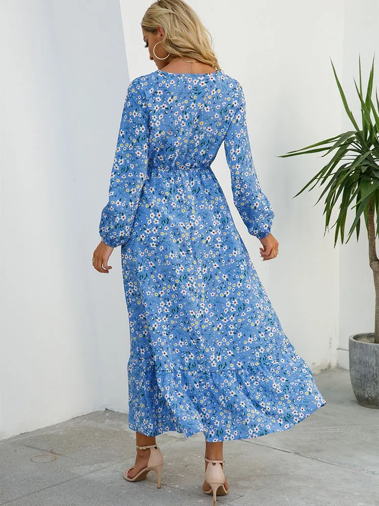 Women Floral Print Dress Spring Summer Casual O Neck Long Sleeve Chiffon A Line Long Maxi Dress - WD8066