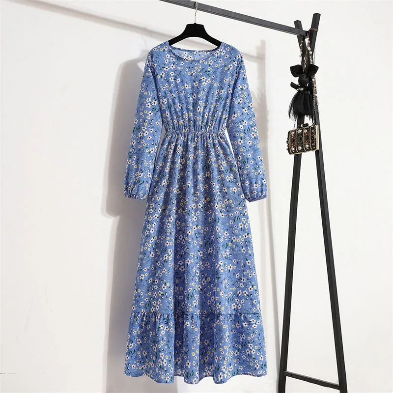 Women Floral Print Dress Spring Summer Casual O Neck Long Sleeve Chiffon A Line Long Maxi Dress - WD8066