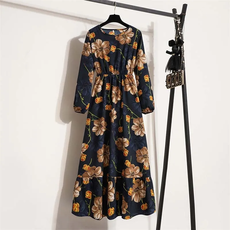 Women Floral Print Dress Spring Summer Casual O Neck Long Sleeve Chiffon A Line Long Maxi Dress - WD8066