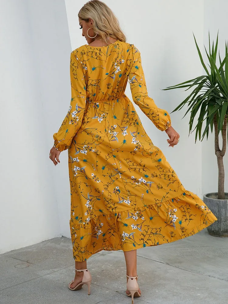 Women Floral Print Dress Spring Summer Casual O Neck Long Sleeve Chiffon A Line Long Maxi Dress - WD8066