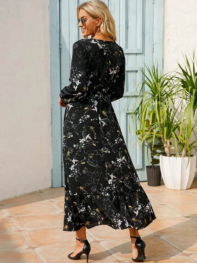 Women Floral Print Dress Spring Summer Casual O Neck Long Sleeve Chiffon A Line Long Maxi Dress - WD8066