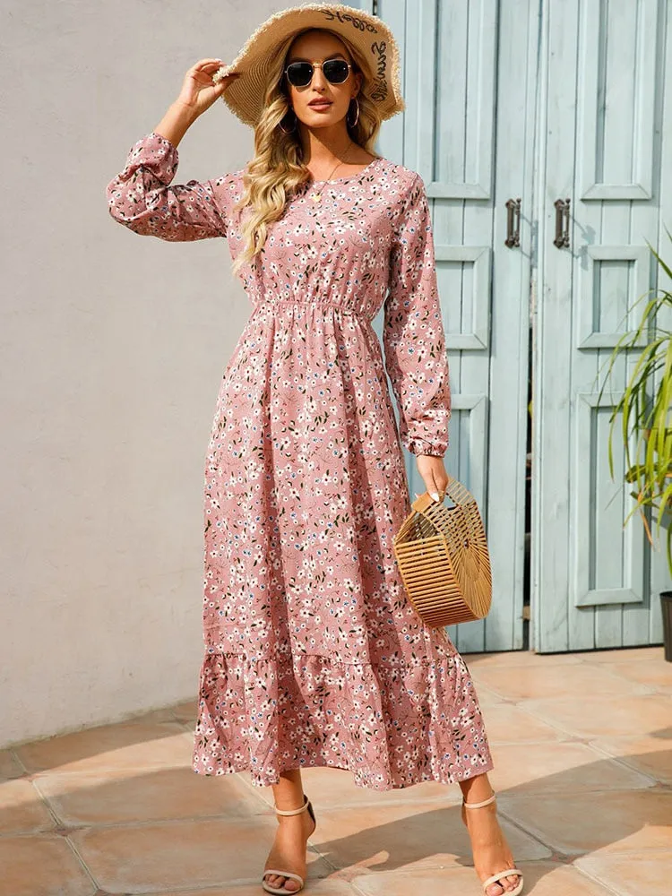 Women Floral Print Dress Spring Summer Casual O Neck Long Sleeve Chiffon A Line Long Maxi Dress - WD8066