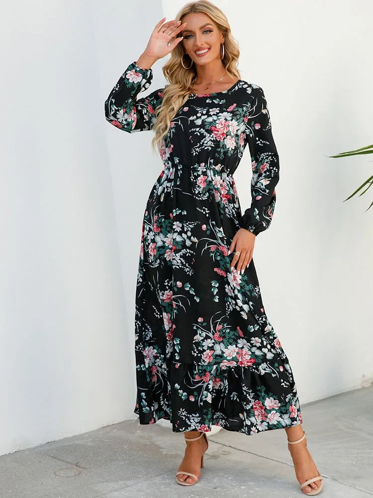 Women Floral Print Dress Spring Summer Casual O Neck Long Sleeve Chiffon A Line Long Maxi Dress - WD8066